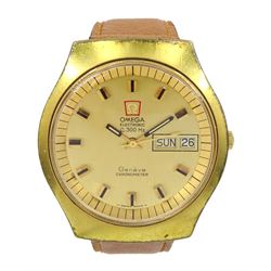 Omega Electronic Chronometer f300 gentleman's gold-plated and stainless steel quartz wristwatch, Cal. 1260, Ref. 198.020, Serial No. 36888917 32005840, on Omega tan leather strap with Omega gilt buckle