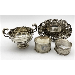 Small silver two handled trophy and a sweetmeat dish, both engraved '1921-1946' and two silver serviette rings 5.3oz