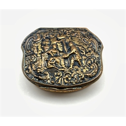 19th century gilt metal box of serpentine outline, the hinged cover embossed with figures, W7cm