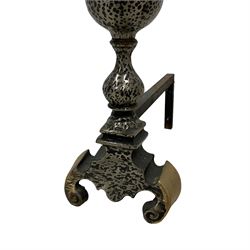 Pair cast iron and wrought metal andirons, globular form with finials, on scrolled feet