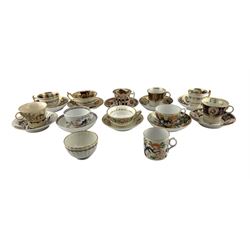 Collection of 18th and early 19th century English porcelain cups and saucers to include a Chamberlain Worcester Yeo pattern coffee cup & saucer, Rockingham teacup and saucer  pattern no. 1460, Keeling porcelain Rock pattern tea bowl and saucer and others 