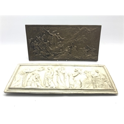  Classical style bronze finish plaque depicting a hunting scene, L58cm and a reconstituted stone Classical style frieze (2)  