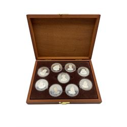 Queens of the British Isles- Cased set of nine silver medallions by the Birmingham Mint each 45mm, cased