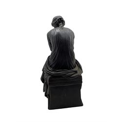 19th century bronze of a seated pensive Classical female figure 'Travaux'', seated on cross-frame stool, H23cm