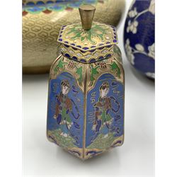 20th century Chinese bowl and cover decorated with birds and flowers on beige ground, D21cm, pair of Chinese Cloisonne vases, hexagonal Cloisonne jar and cover etc