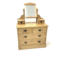 Late Victorian polished pine dressing chest, with swing mirror over trinket drawers, two short and two long drawers to base, W95cm