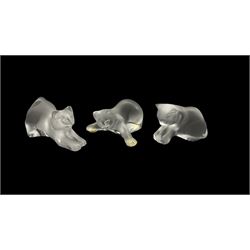 Group of three Lalique frosted glass Kittens, in various poses, each signed Lalique France to base, L9.5cm max (3)