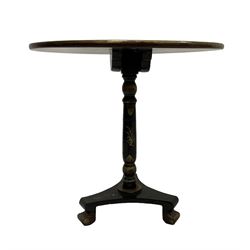 19th century chinoiserie design tilt-top table occasional table, circular top, raised on turned pedestal support with triform base terminating in gilt painted claw feet, black and gold finish with scenes of lotus flowers and birds