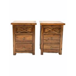 Pair of contemporary hardwood bedside chests, fitted with slide over three drawers, raised on stile supports, retailed by Barker & Stonehouse, possibly Wallis & Gambier 56cm x 43cm, H78cm