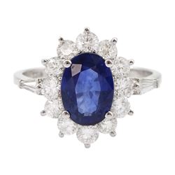 18ct white gold oval sapphire and round brilliant cut diamond cluster ring, with tapered baguette cut diamond shoulders, stamped 750, sapphire approx 2.25 carat, total diamond weight approx 0.95 carat