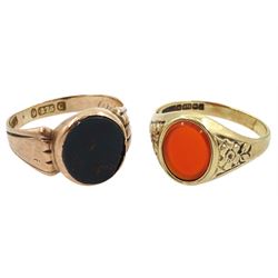 Gold single stone oval carnelian ring, Birmingham 1976 and a Victorian rose gold single bloodstone ring, 1891, the inner shank inscribed 'Harold Edie', both hallmarked 9ct