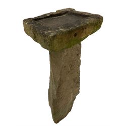 Two-piece stone bird bath, rectangular basin on hand tooled pedestal base