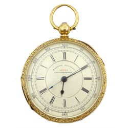 Victorian 18ct gold open face, key wound marine decimal chronograph by H Bertestein Manchester, No. 42264, white enamel dial with Roman numerals, outer seconds track numbered 25-300, case hallmarked London 1879