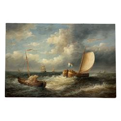 A Hess (Continental 20th century): Dutch Sailing Ships in Stormy Seas, oil on canvas signed 61cm x 92cm (unframed)