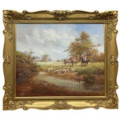 H Taylor (20th century): The Hunt clearing a River, oil on canvas signed 49cm x 60cm in swept gilt frame
