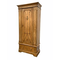 Late Victorian scumbled pine single wardrobe, the fielded panelled door enclosing interior fitted for hanging, with drawer to base W95cm, H206cm, D46cm