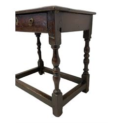 William and Mary oak side table, moulded two plank top over frieze drawer, with foliate decorated escutcheon and scrolled brass drop handles, on turned supports joined by plain stretchers 