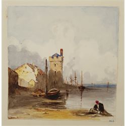 Herbert Luther Smith (British 1811-1870): Waterside Castle, watercolour signed with initials 12cm x 11cm; After Toyokuni: 'The Theatre', lithograph; After Hokusai: 'Walk by the Sea', lithograph; and two Victorian pencil sketches heightened with watercolour unsigned, max 29cm x 58cm (4)