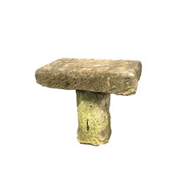 Roughly hewn stone garden table, rectangular top raised on a cylindrical pedestal 75cm x 45cm, H67cm