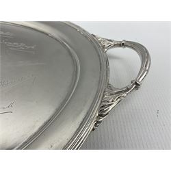 Silver oval two handled tray presented to Captain F.L. Smith M.C.by the Officers of the 6th Duke of Wellington's West Riding Regiment and engraved with signatures W52cm Sheffield 1922 Maker William Hutton & Sons 76oz 