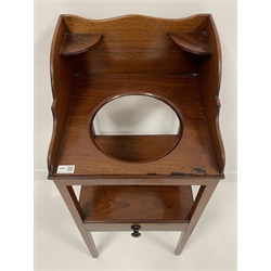George III walnut and boxwood strung washstand, the shaped raised back supporting two quarter round shelves over washbowl recess, drawer under, raised on square tapered supports, W41cm, H97cm, D39cm