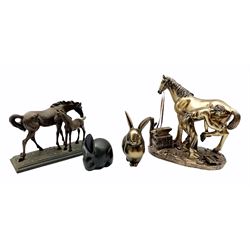 Bronzed resin figure of  a horse and blacksmith 16cm x 26cm, another of a mare and foal and two rabbits (4)