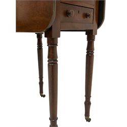 Victorian mahogany Pembroke table, rectangular drop-leaf top with rounded corners, fitted with two drawers and two false drawers to reverse, raised on ring turned supports terminating in brass cups and  castors