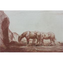 Attrib Robert Herdman-Smith (British 1879-1945): Two Horses Grazing, sanguine chalk indistinctly signed, attributed verso 24cm x 36cm