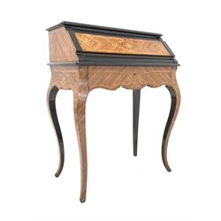 Edwards and Roberts - Late 19th Century kingwood and ebonised Bureau de Dame, slide out fall front drawer revealing birds eye maple interior with three trinket drawers, baize lined writing surface with string inlay, over concealed drawer with shaped apron, raised on slender cabriole supports, with all over inlaid floral marquetry, drawer stamped 'Edwards and Roberts'