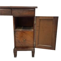 William IV mahogany reverse-breakfront twin pedestal sideboard, shaped rectangular top with moulded edge, fitted with four frieze drawers with stepped chamfer facias, the pedestals enclosed by figured panelled doors revealing single shelf and cellarette drawer, raised on moulded ogee feet