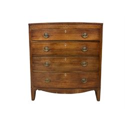 Early 19th century mahogany bow front chest inlaid with ebonised stringing, fitted with four drawers with ivory and bone escutcheons, inlaid skirt over shaped supports. This item has been registered for sale under Section 10 of the APHA Ivory Act