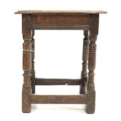 Antique oak joynt stool, top raised on turned supports and stretchers, carved 'WA'