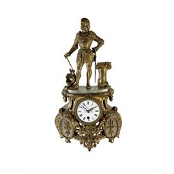French - late 19th century 8-day gilt-spelter and alabaster mantle clock,c1890, with an imposing knight in armour on an spelter base with alabaster panels, white enamel dial with Roman numerals, minute markers and steel Fleur di Lis hands, Parisian 