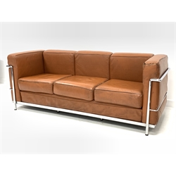 After Le Corbusier - Mid 20th century three seat sofa with chrome frame and brown leather upholstered arm rests and loose cushions