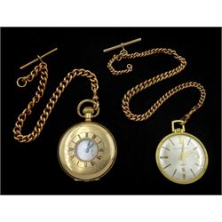 Early 20th century gold-plated half hunter keyless lever pocket watch by J. W. Benson, London, white enamel dial with Roman numerals and subsidiary seconds dial and one other gold-plated slim pocket watch by same hand, both on gold-plated Albert chains