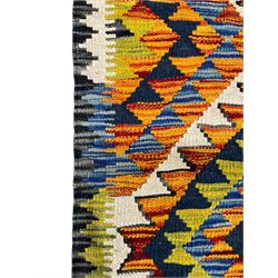Chobi Kilim multi-colour runner rug, the field with three lozenges in shades of indigo and amber, each with rows of triangles of contrasting colours