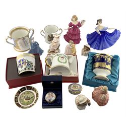 Royal Doulton figure to include Elaine, Jennifer, Rose and Buddies, Royal Crown Derby Blue Tit pin dish, Spode Silver Jubilee tankard, Diamond Jubilee loving cup, two Royal Albert 'Miss Tiggy Winkle' figures etc 