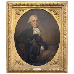 English School (18th century): Portrait of 'Sir Francis Wood Bt.' Seated Three Quarter Length with Blue Top Coat and Fawn Breeches, oil on canvas unsigned inscribed 'Francis Wood' and dated 1784, housed in gilt oval frame with laurel motif 96cm x 76cm
Provenance: property of a Nobleman 