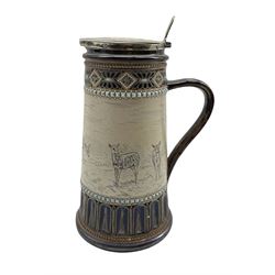 Late 19th century Doulton Lambeth stoneware tankard by Hannah Barlow, the tapered body incised with a band of Deer in a landscape with silver-plated mounts and pierced thumbpiece, H26.5cm 