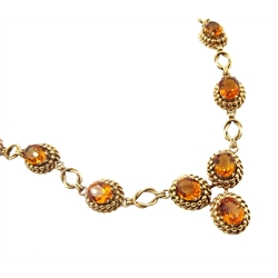 Mid 20th century 9ct gold oval citrine rope and knot design link necklace, retailed by Batty, 25 King Street, Manchester,  in fitted velvet and silk box