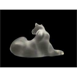 Lalique frosted glass model of a recumbent Lioness, engraved Lalique France to base, L25cm x H14cm 