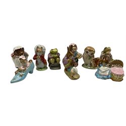Collection onine Beswick Beatrix Potter figures, all with brown backstamps comprising Mr Benjamin Bunny and Peter Rabbit, Mrs Tiggy Winkle, Hunca Munca, Old Mr Brown, Mr Jackson, Timmy Tiptoes, The Old Woman who lived in the Shoe, Mr Jeremy Fisher and Cousin Ribby (9)