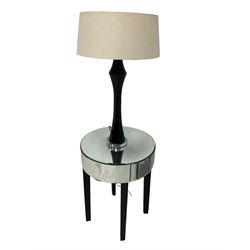 Circular mirrored coffee table fitted with single drawer on ebonised supports, with matching lamp table and lamp (3)