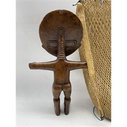 Papua New Guinea fishing  bag and an African carved fertility figure H35cm