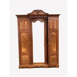  Quality Edwardian walnut triple wardrobe, scrolled pediment and dentil cornice over two panelled doors enclosing interior fitted with drawer and for hanging, flanked by single door enclosing more hooks and three drawers, shaped plinth base, W166cm, H220cm, D62cm  