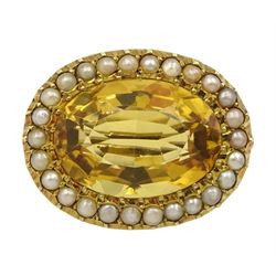 Edwardian 15ct gold oval citrine and seed pearl brooch