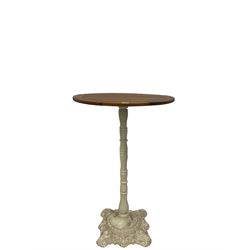 Cast iron high garden table, the slatted teak top over cast iron base with lion masks and scrolling decoration 
