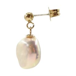 Pair of 9ct gold pink/white pearl pendant stud earrings, stamped 375