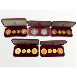 Four Queen Elizabeth II Bailiwick of Jersey four coin sets dated 1957, 1960, 1964 and 1966, each comprising two one twelfth of a shilling and two one fourth of a shilling coins and a 1966 five shillings two coin set, all cased (5)