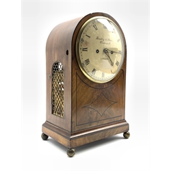 Mid 19th century mahogany cased dome top repeating bracket clock, with ebonised stringing and brass fish scale grill to each side, raised on spherical brass supports, convex bezel and white enamel dial inscribed Handley & Moore, Clerkenwell with Roman numeral chapter ring, eight day twin fusee movement striking hammer on bell, W24cm, H39cm